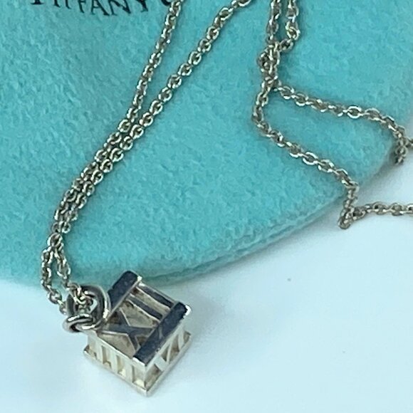 Tiffany Co Atlas Silver Roman Numerals Square Cube Pendant